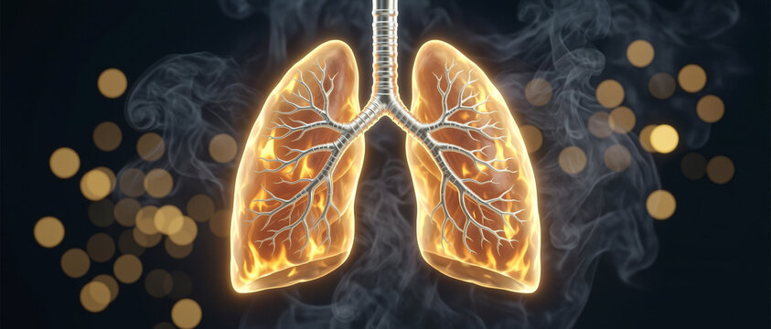Glowing human lungs with detailed bronchial tree, surrounded by smoke and bokeh lights on a dark background.