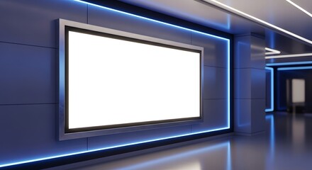 Fototapeta premium Blank billboard in a modern interior with blue neon lights, perfect for advertising or digital signage.