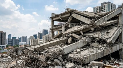 Fototapeta premium Collapsed Concrete Building Debris in Urban Environment.