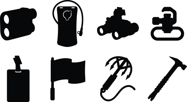 Tactical and outdoor gear black silhouette icons set isolated on white background