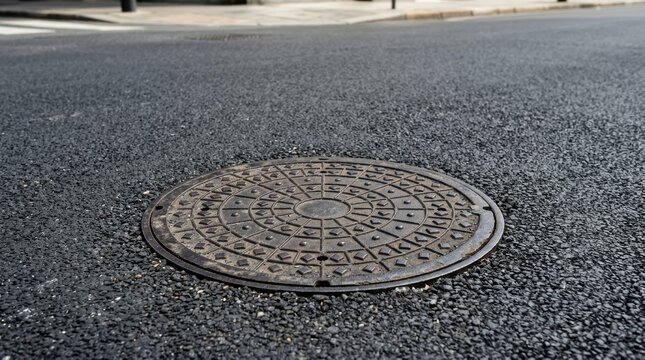 Close-up of a Circular Manhole Cover on Asphalt Road Surface.