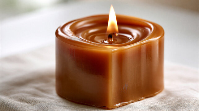 A single brown cylindrical candle lit with a flickering flame on a soft surface