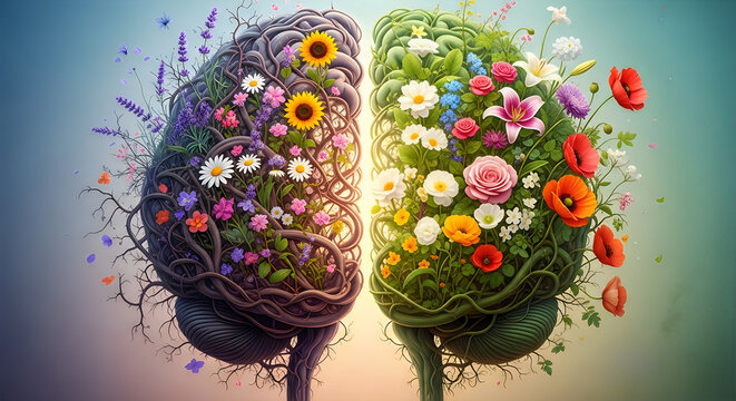 World mental health day brain with flowers symbolizing mental wellness and balance