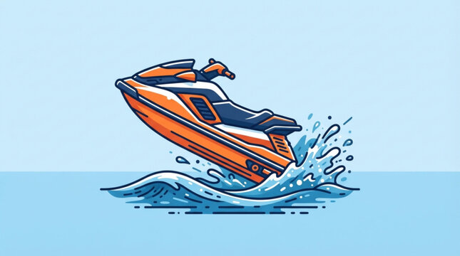 Dynamic orange jet ski illustration leaping through blue ocean waves for tropical summer vacation and water sports concept art in minimalist style