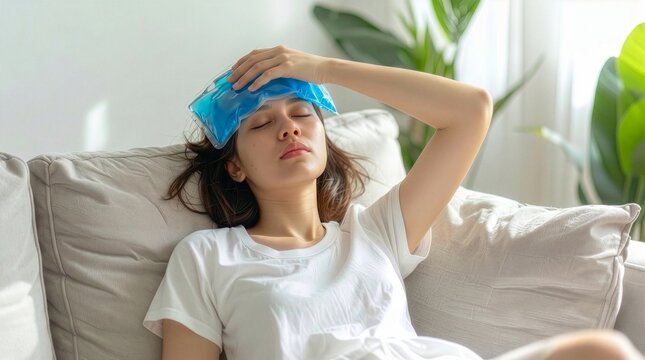 ソファで額に保冷剤を当てて体調不良に苦しむ若い女性
