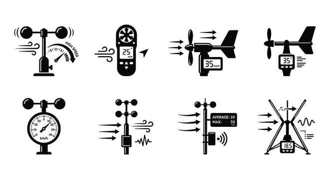 Anemometer Icons Black Silhouette Set On White Background