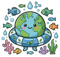 Fototapeta premium Cute Earth Character Wearing Eco Friendly Swim Ring Surrounded by Fish and Water Drops Environmental Conservation Illustration