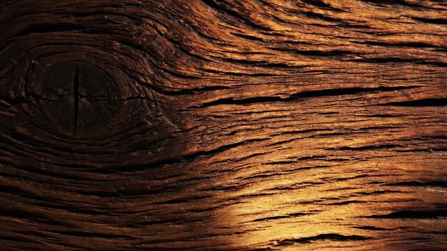 Detailed close-up of weathered wood grain and a natural knot, showing texture and organic patterns, warm light highlights, rustic background