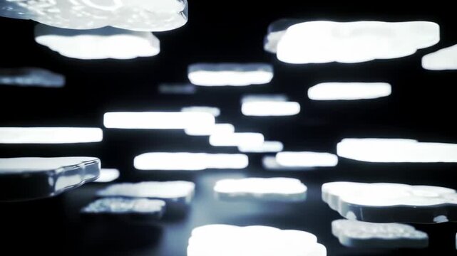 Abstract digital clouds with glowing data and binary code, representing cloud computing and data storage technology on a dark background