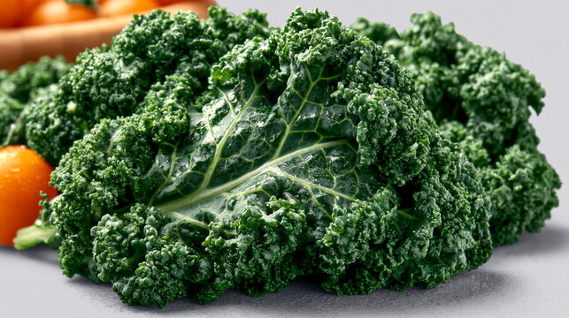A head of fresh curly kale with green leaves on a plain background, raw food