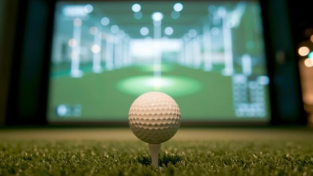 Golf ball tee artificial grass indoor golf simulator sports training focus practice game leisure green close up sport
