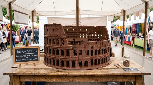 Detailed miniature replica of the roman colosseum crafted entirely from brown chocolate
