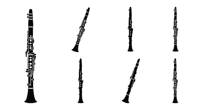 Black vector silhouettes of various woodwind instruments on a white background