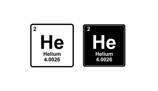 Two contrasting periodic table squares for Helium, one in black on white and the other in white on black, displaying its atomic number, symbol, name, and atomic mass.