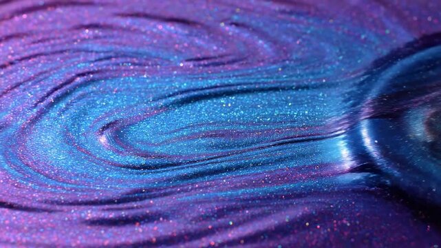 Swirling glitter slime texture, iridescent purple and blue fluid art with sparkling particles, mesmerizing motion for cosmetic or abstract backgrounds