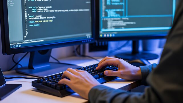 Software engineer programming computer code in professional development workspace