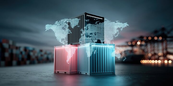 Global Shipping Containers with World Map Overlay Representing International Logistics and Trade