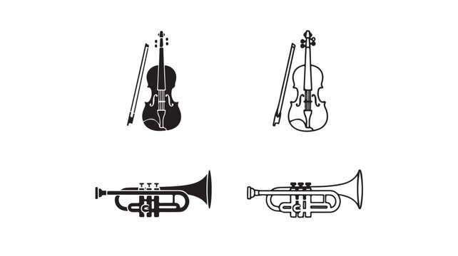Set of four black and white musical instrument icons including violins and trumpets with bows