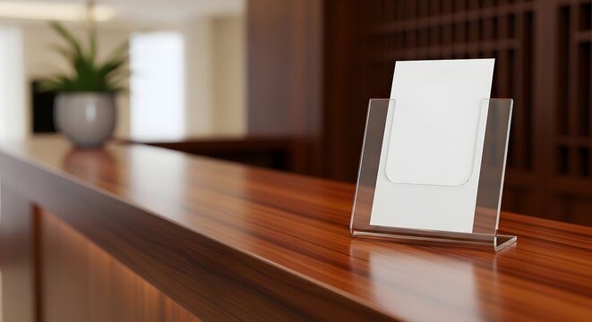 Close-up of a blank brochure holder on a polished wooden reception desk, ready for customization.