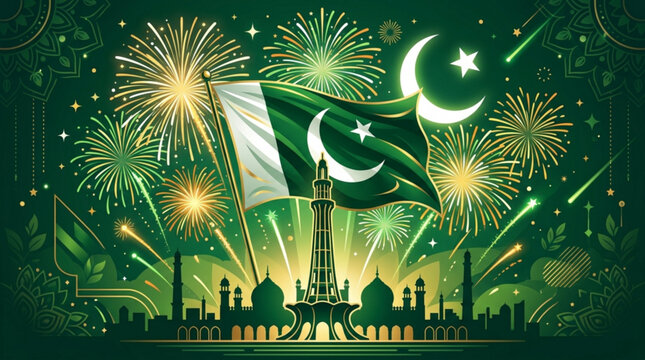 Festive green background featuring a national flag fireworks and architectural landmarks celebrating a patriotic holiday with depicts vibrant green poster waving flag