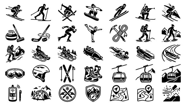 Winter sports icons set, black and white mountain activities vector collection, 35 skiing and snowboarding symbols for resort signage