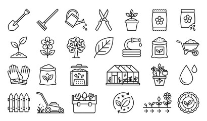 Naklejka premium Garden and Gardening Thin Line Icon Set with Plants Tools Flower and Organic Farming Symbols Vector Collection