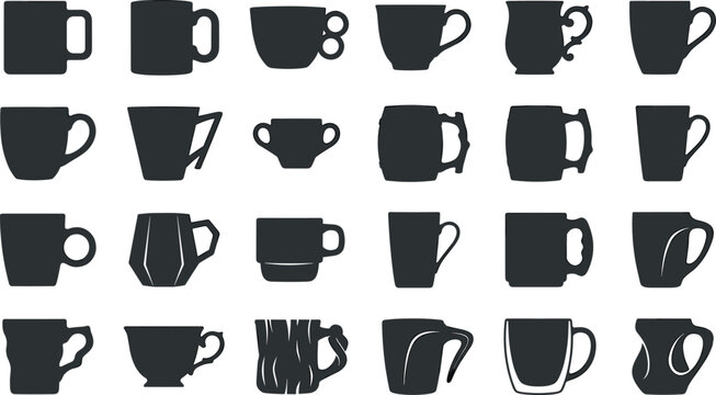 Collection of various coffee mug and teacup silhouettes vector illustration icon set