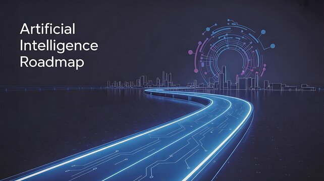 Artificial intelligence roadmap with futuristic digital highway and innovation technology concept