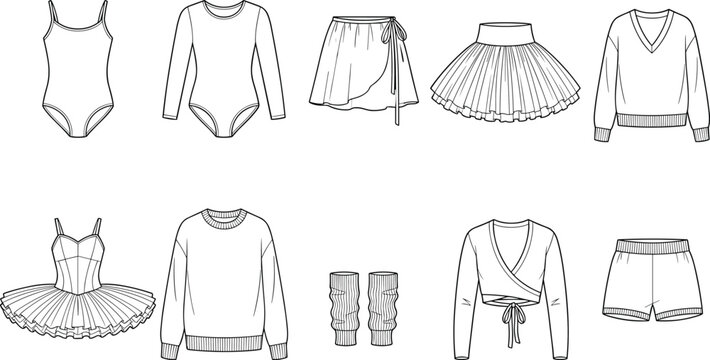 Ballet and dancewear fashion technical sketch collection with leotards tutus and activewear vectors