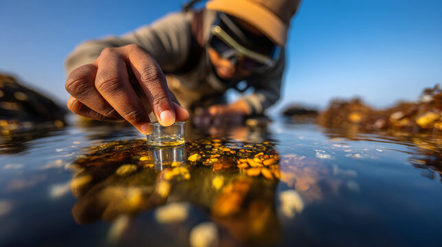 Marine biologist collecting samples in a shallow coastal rock pool during low tide