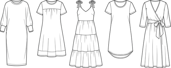 Collection of women summer dress technical sketches and fashion design apparel templates isolated on white