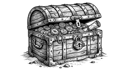 Open Treasure Chest Filled with Gold Coins, Jewels, and Map © jonsen