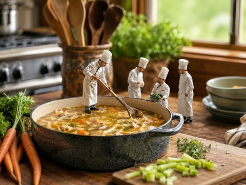 Un grupo de cocineros peque&ntilde;os prepara una sopa en una cocina