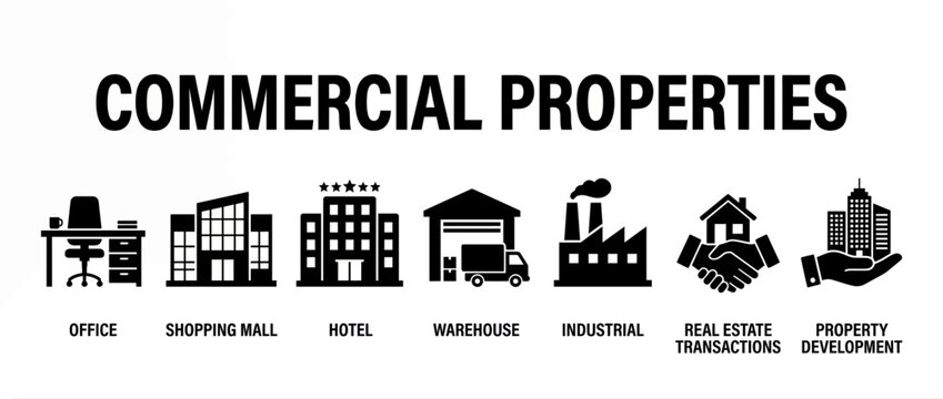 Commercial properties icons set representing various real estate sectors with black silhouette icons