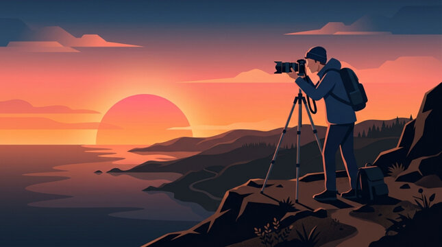 Illustration of a photographer standing on a rocky cliff using a tripod and camera to capture a scenic landscape during a vibrant sunset with depicts photographer