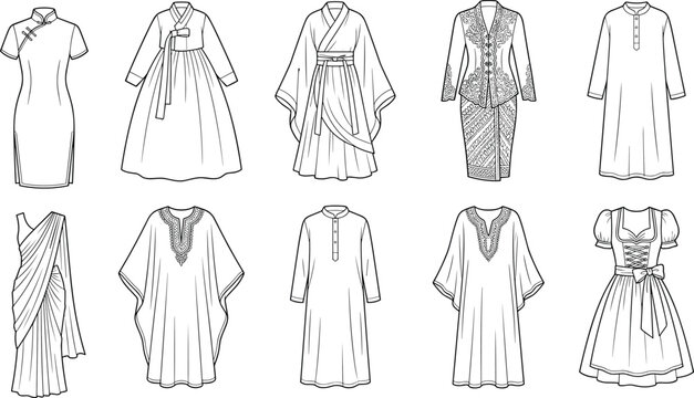 Traditional women clothing and ethnic dresses line art vector icons collection isolated on white background