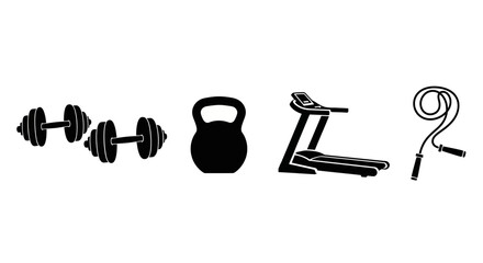 Black icons of fitness equipment on white background with dumbbells kettlebell treadmill treadmill jump rope exercise training workout lifting © Pabitra