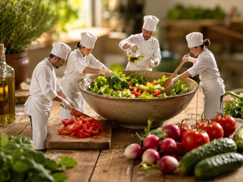 Cocineros trabajando en una cocina preparando una ensalada con verduras frescas y aceite de oliva