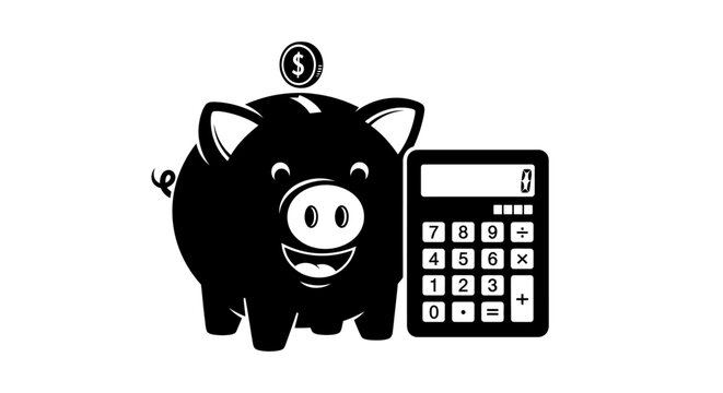 Black piggy bank with calculator with calculator coin top illustration accounting currency savings finance graphic economy symbol design with budget