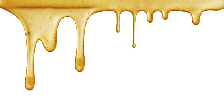 Golden honey dripping on white background