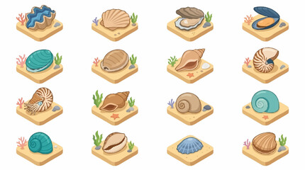 Colorful Collection of Seashells and Snails on Sand. © Janji