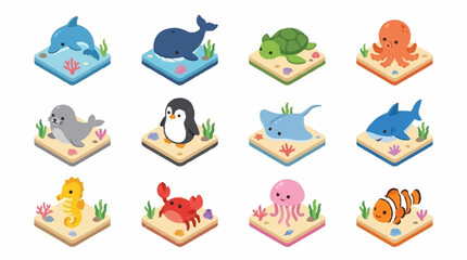 Colorful Isometric Sea Creatures Collection. © Janji