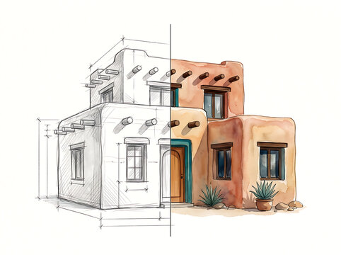Sketch to full color, Pueblo style house architectural sketch and watercolor rendering