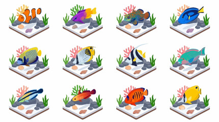 Colorful Isometric Fish Collection with Coral Reef Elements. © Janji