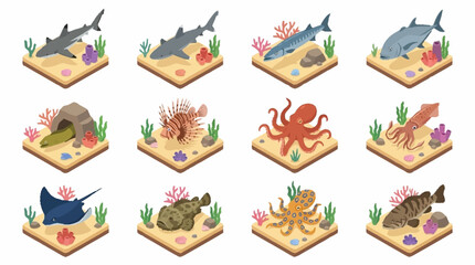 Colorful Underwater Sea Creatures and Coral Reef Scene. © Janji