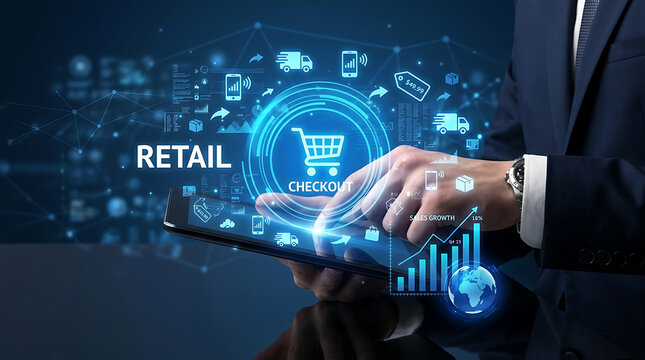 Retail checkout display on a tablet illuminated with data visualizations and icons