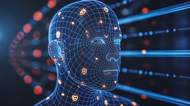 Futuristic artificial intelligence humanoid face with digital network and cybersecurity concept
