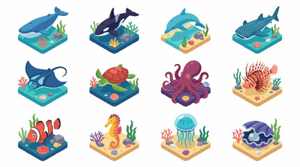 Colorful Isometric Ocean Creatures Collection. © Janji