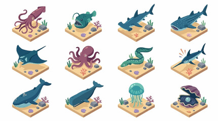 Colorful Isometric Ocean Creatures Collection. © Janji