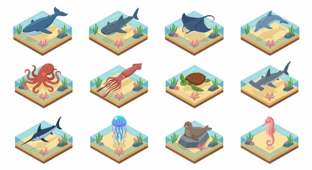 Colorful Isometric Ocean Creatures Collection. © Janji